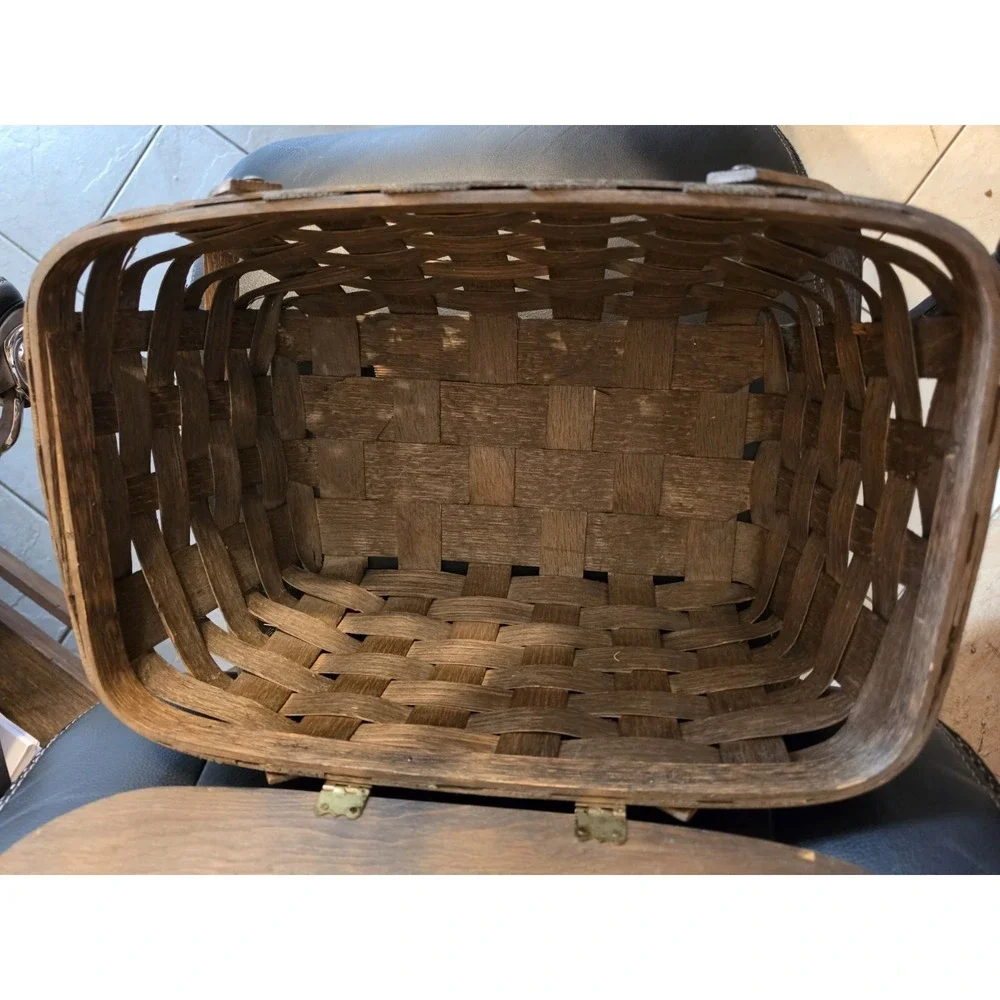 Vintage Woven Wood Picnic Basket Rustic 18x12x9